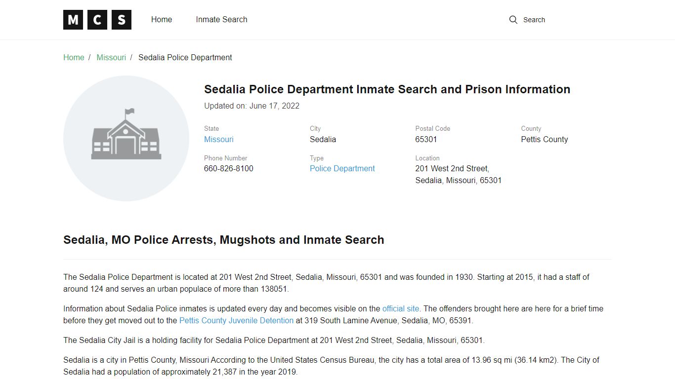 Sedalia Police Department Inmate Search and Prison Information